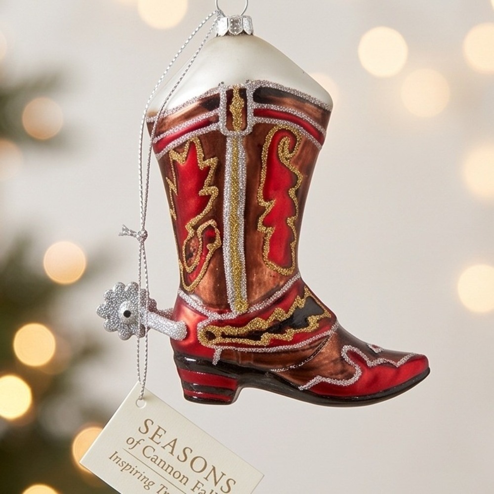Seasons of‎ Cannon Falls Cowboy Boot Glass Christmas Ornament Red Brown Glitter